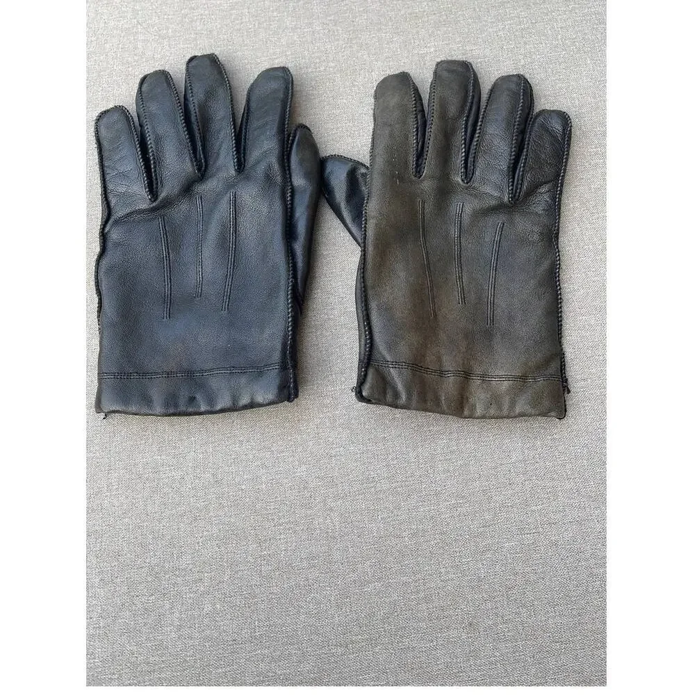 Vintage black leather wide finger sherpa lined gloves size large